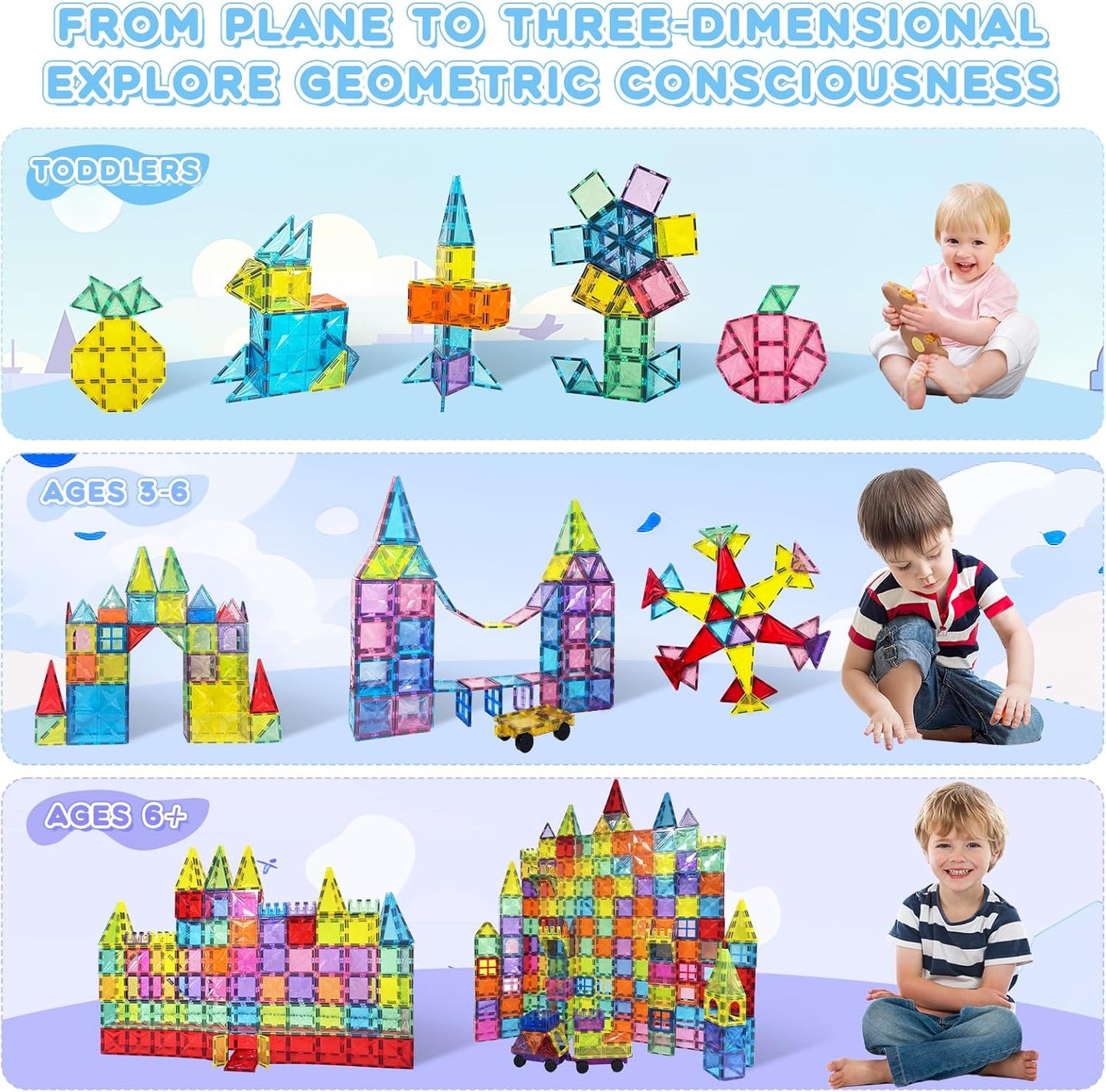 100PCS Magnetic Tiles for Kids Ages 3+ – STEM Building Blocks Set, Montessori Sensory Toys for Toddlers, Educational Construction Magnet Toy, Gift Game for Boys & Girls