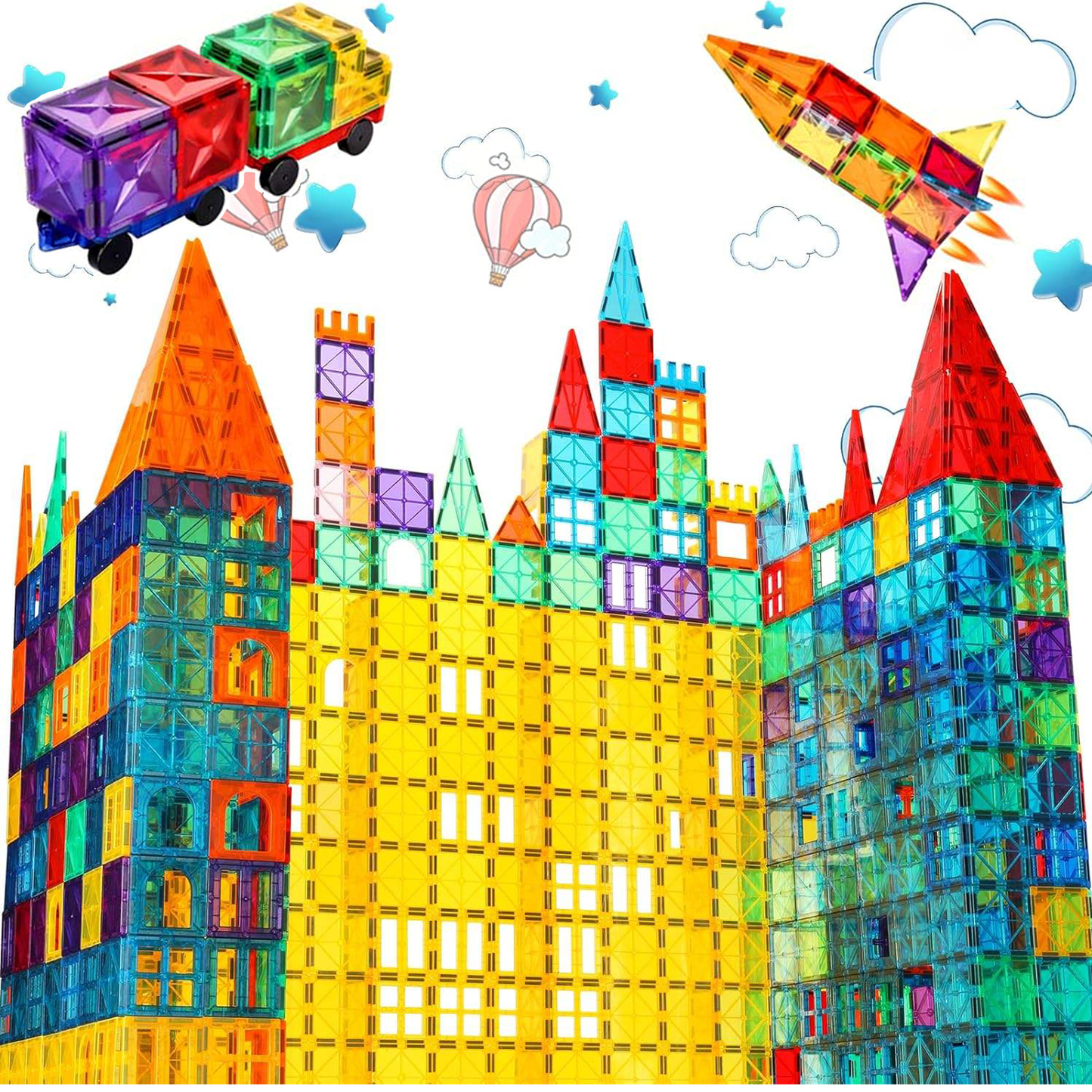 Magnetic Tiles Building Blocks 110PCS with 2 Cars – STEM Construction Toys for Kids Ages 3+, Montessori Educational Sensory Set, Creative Birthday Gifts for Kids Toddlers Game for Boys and Girls
