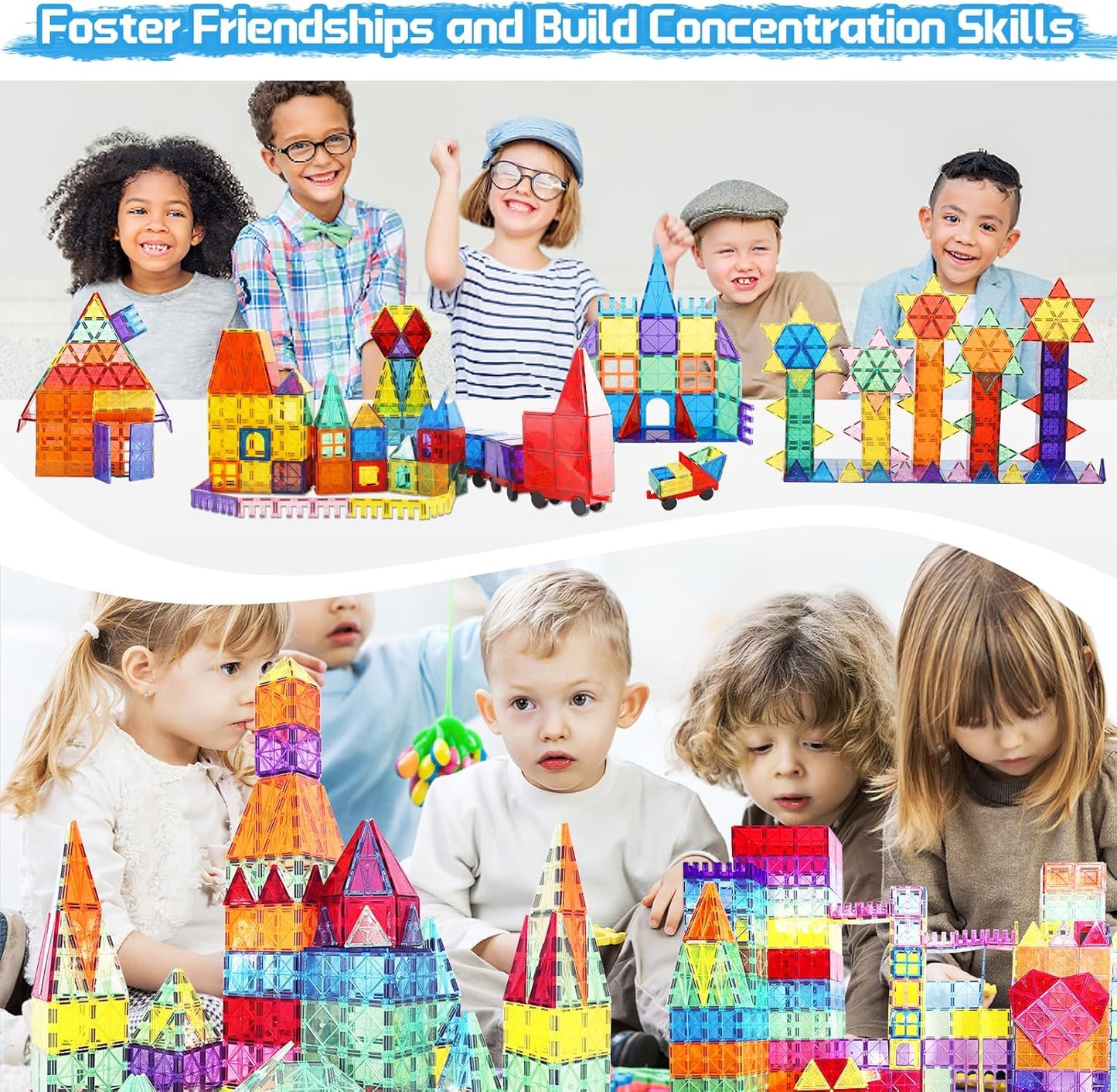 Magnetic Tiles Building Blocks 110PCS with 2 Cars – STEM Construction Toys for Kids Ages 3+, Montessori Educational Sensory Set, Creative Birthday Gifts for Kids Toddlers Game for Boys and Girls