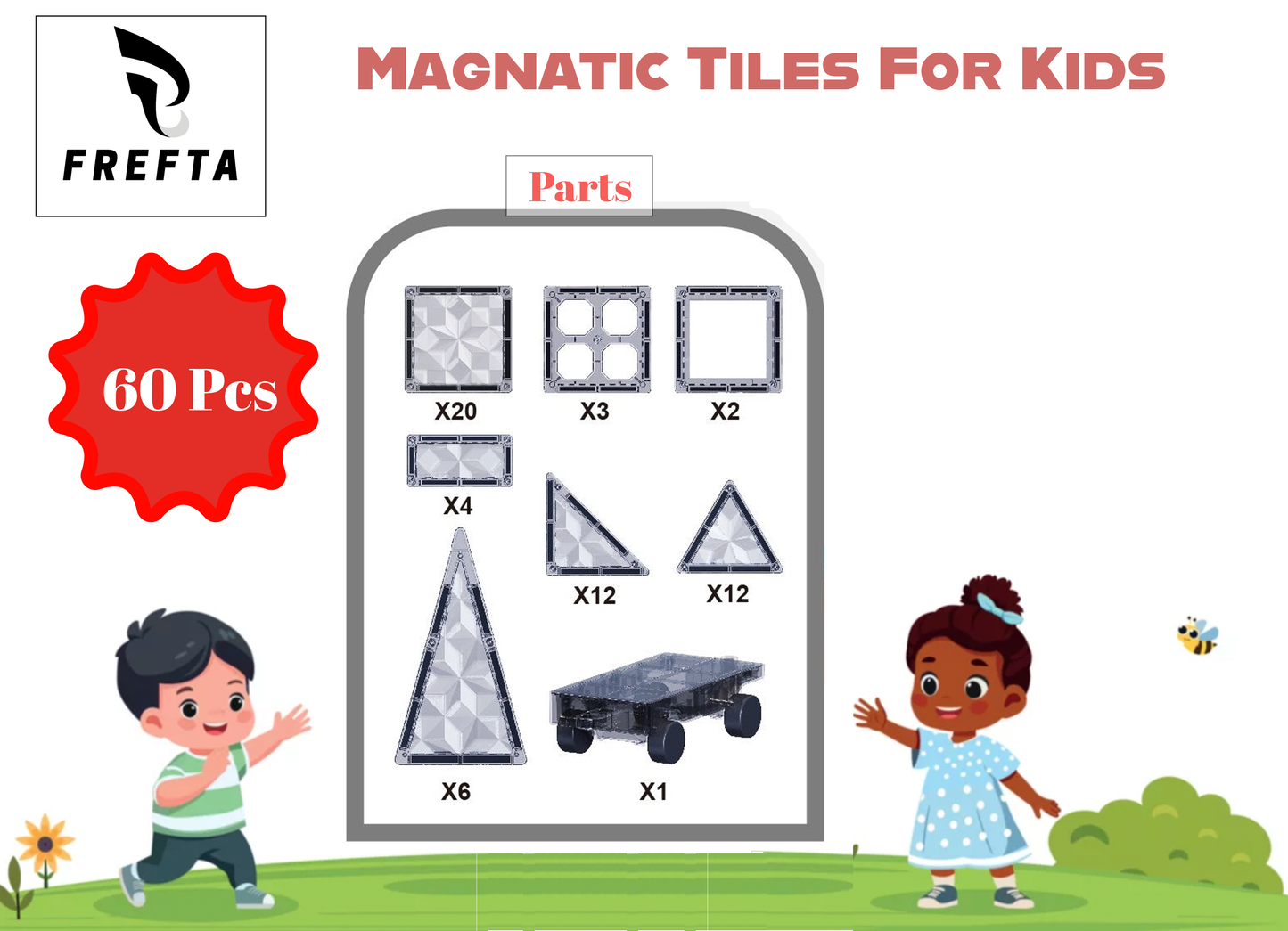 60PCS Magnetic Tiles for Kids Ages 3+ – STEM Building Blocks Set, Montessori Sensory Toys for Toddlers, Educational Construction Magnet Toy, Gift Game for Boys & Girls