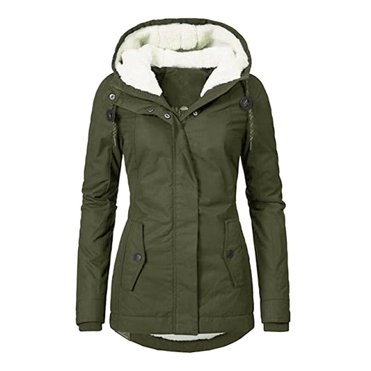 Winter Hooded Jacket Solid Color Warm Buckle Zip-up Fleece Jacket With Pockets Women's Casual Jacket