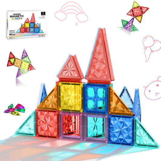 60PCS Magnetic Tiles for Kids Ages 3+ – STEM Building Blocks Set, Montessori Sensory Toys for Toddlers, Educational Construction Magnet Toy, Gift Game for Boys & Girls