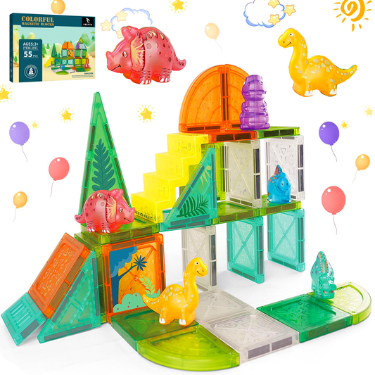 Dinosaur Magnetic Tiles Toys for Kids Ages 3-8 – STEM Building Blocks with 55PCS Set of Magnet Tiles & Dinosaurs, Educational Sensory Toys for Boys & Girls, Creative Construction Gift